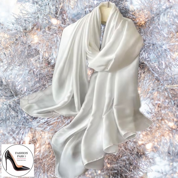 100% SILK White Shawl Scarf Wedding Large Satin Bridal Cover up Bridesmaid Wrap - Picture 6 of 10